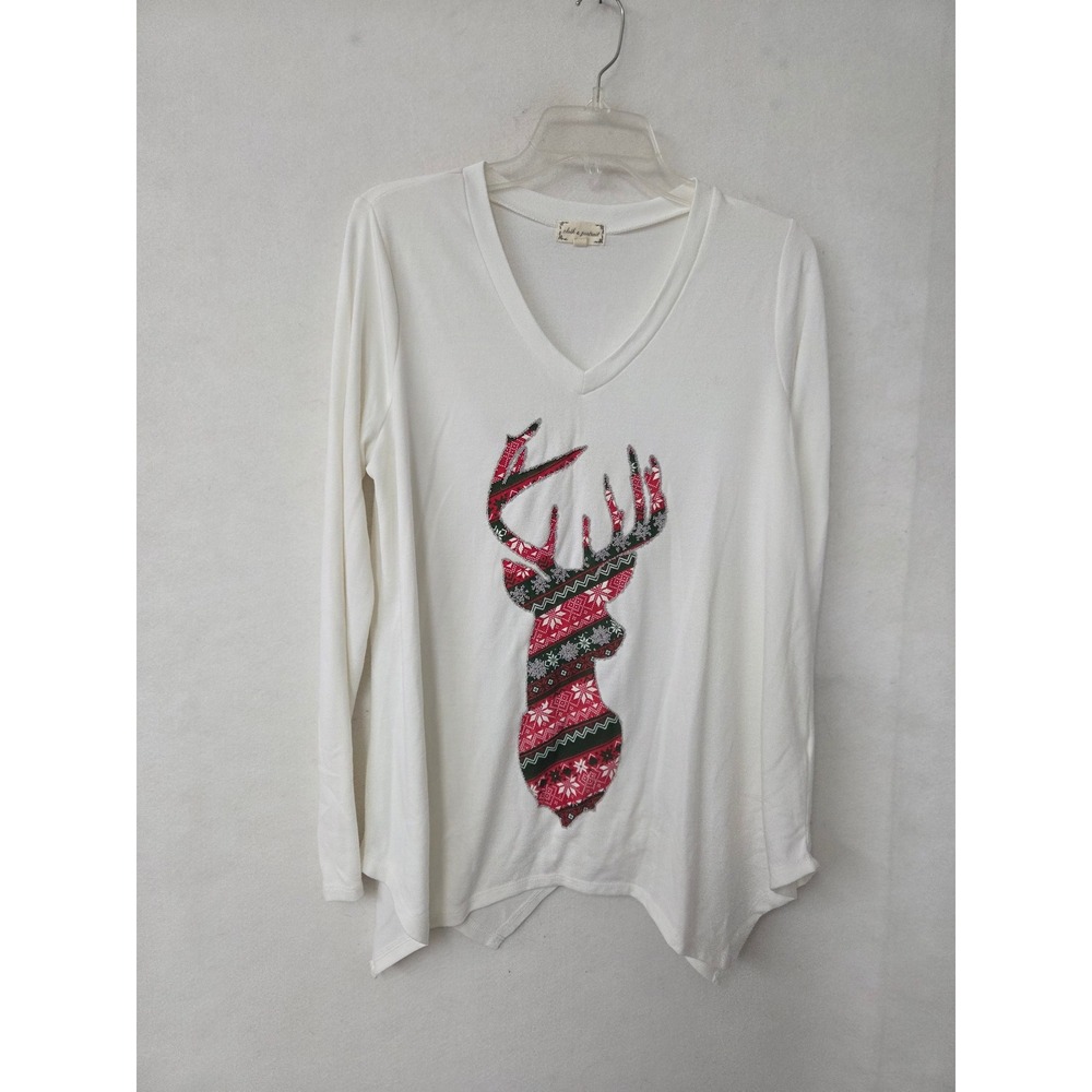 Cloth & Portrait Reindeer‎ Graphic Top Women Large White Fair Isle Sharkbite Hem
